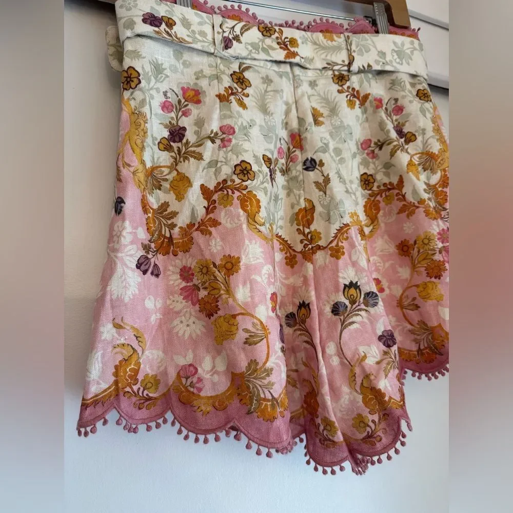 Zimmermann Laurel Pink White Linen Scalloped Floral Shorts Belt Size AU 3 US 10 - Picture 7 of 11